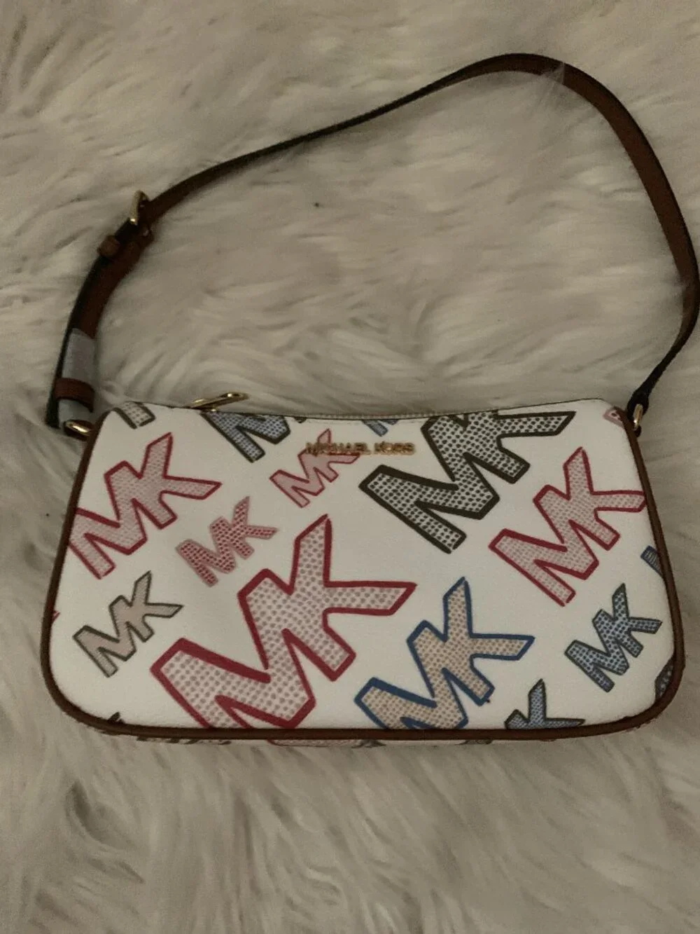 MICHAEL KORS Signature Logo Medium Pouchette in Optic White/Brown